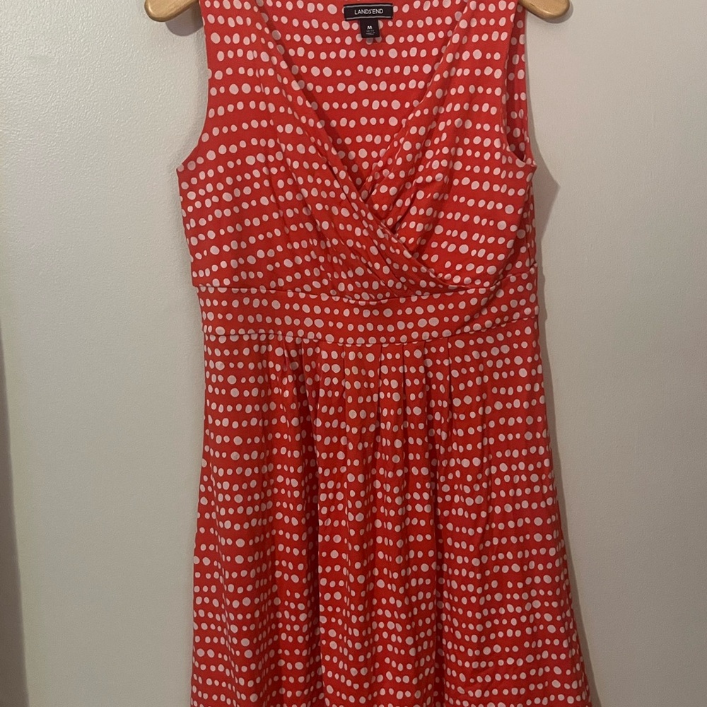 Lands' End Coral Dress with White Polka Dots Sz M